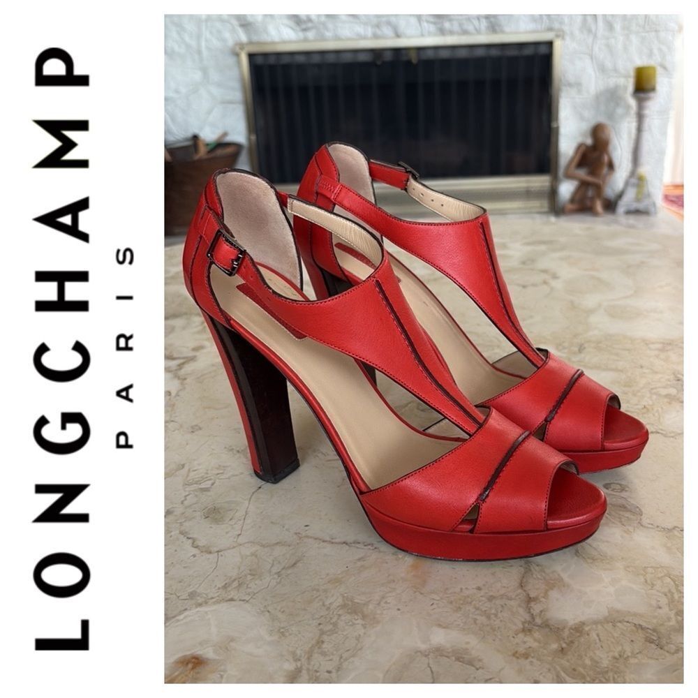 Longchamp Leather Platform Peep Toe Heels